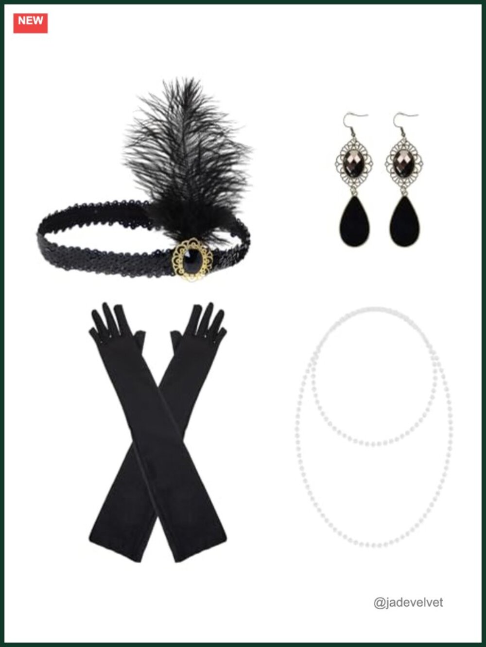 1920s Flapper Costume Accessory Set Long Gloves Pearl Necklace Headband